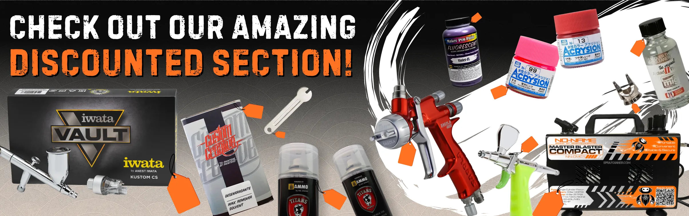 Promotional banner for a discounted section featuring airbrushes, spray guns, paints, and a portable compressor with orange sale tags on a dark textured background.