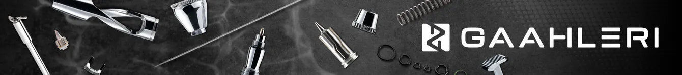 Wide banner showing Gaahleri airbrush components and maintenance parts.