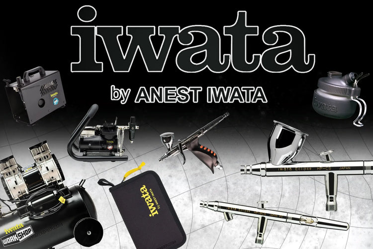 Iwata airbrush product lineup including Eclipse series airbrushes and Iwata Workshop compressors.