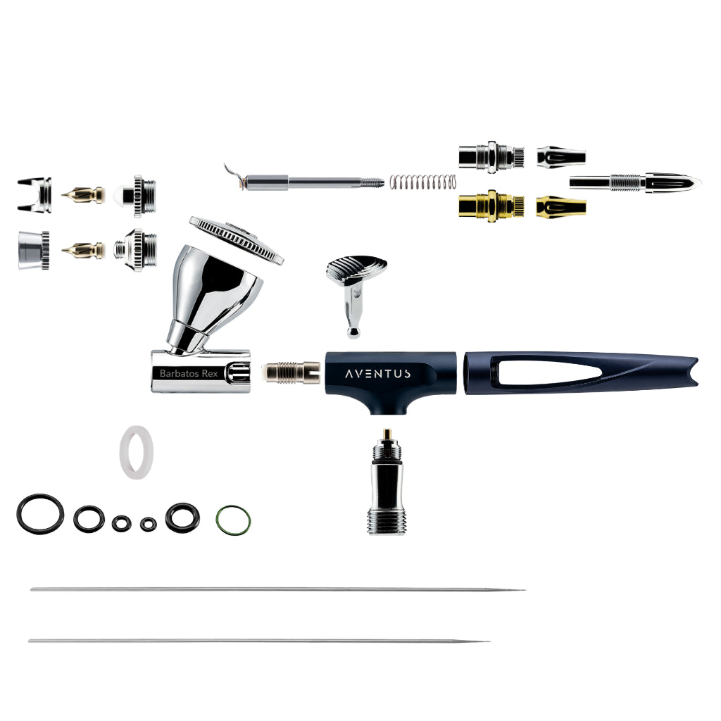 Product component breakdown of the Barbatos Rex Aventus airbrush. The image displays all internal and external parts—including the body, trigger mechanism, nozzles, O-rings, and needles—individually numbered from 1 to 20 for assembly or identification reference.