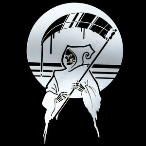 Precision-cut NO-NAME Grim Reaper Stencil on black background, perfect for cosplay stencils and eerie airbrush detailing in creative crafts.