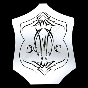 Precision-cut NO-NAME Pinstripe Stencil #1 shown with black background to highlight detailed custom linework for hobby and cosplay use.