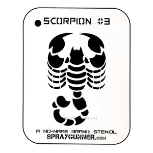 NO-NAME Brand Scorpion Stencil #3 featuring a bold, symmetrical scorpion design ideal for airbrushing and body art projects. Durable and reusable stencil for hobbyists and artists.