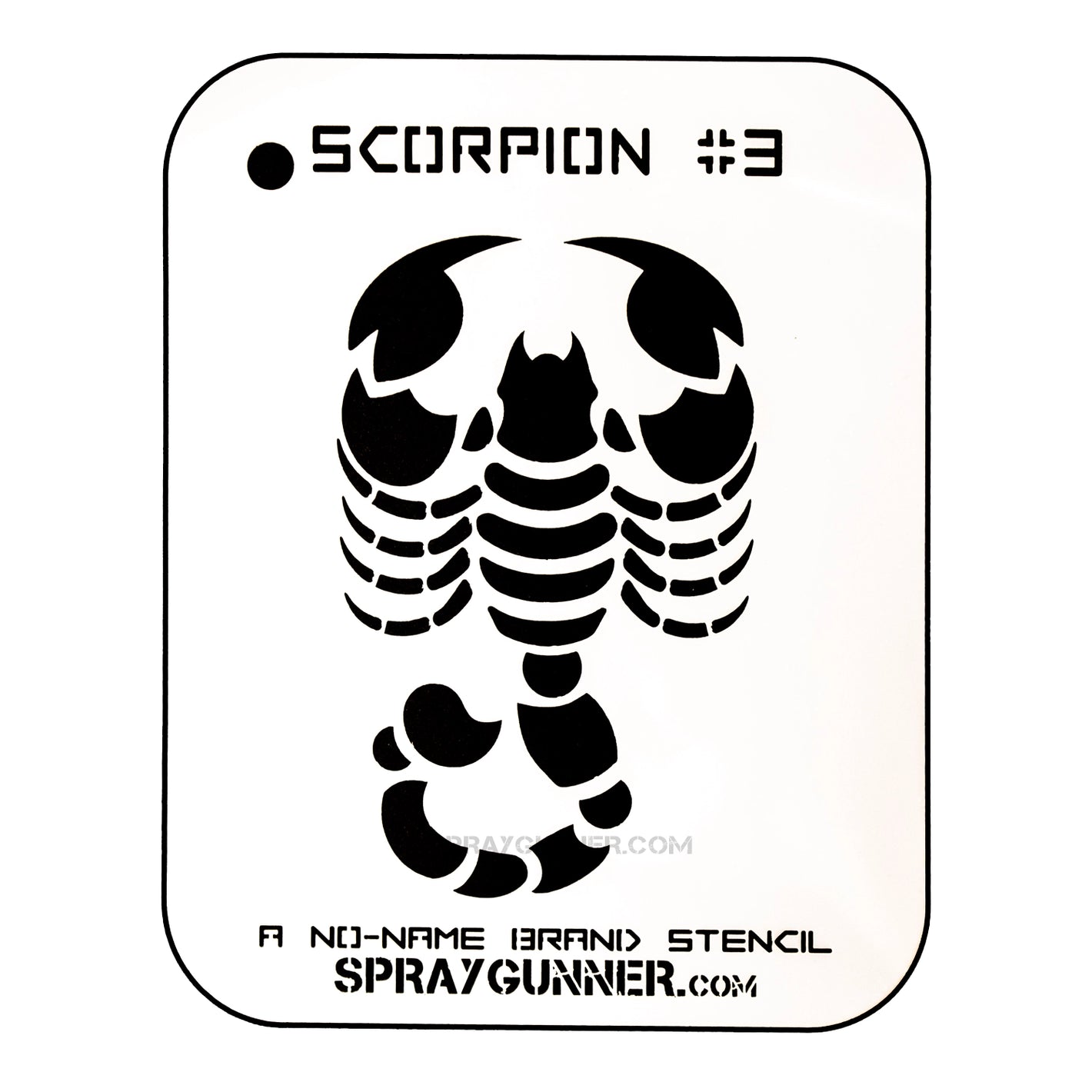 NO-NAME Brand Scorpion Stencil #3 featuring a bold, symmetrical scorpion design ideal for airbrushing and body art projects. Durable and reusable stencil for hobbyists and artists.
