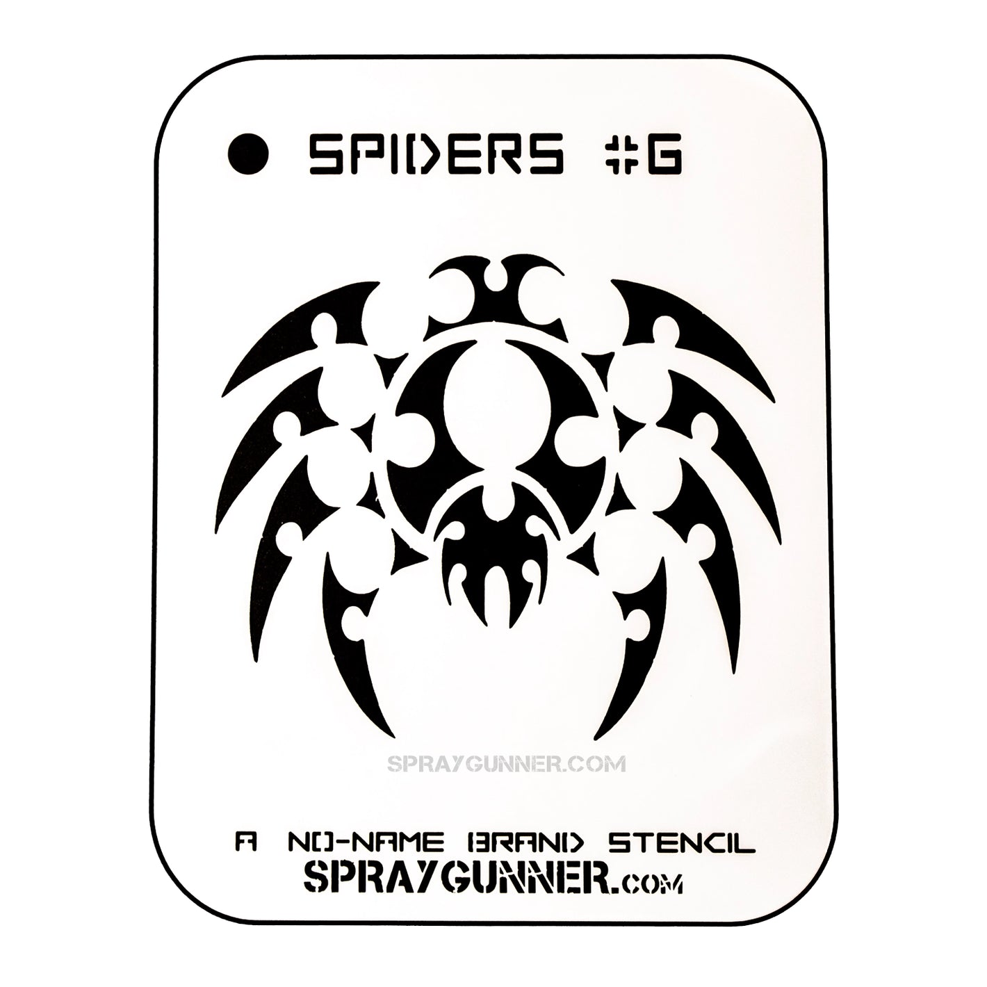 NO-NAME Brand Spiders Stencil #6 features a tribal-style spider design for precision airbrushing and crafting. Ideal for hobbyists and cosplay art.