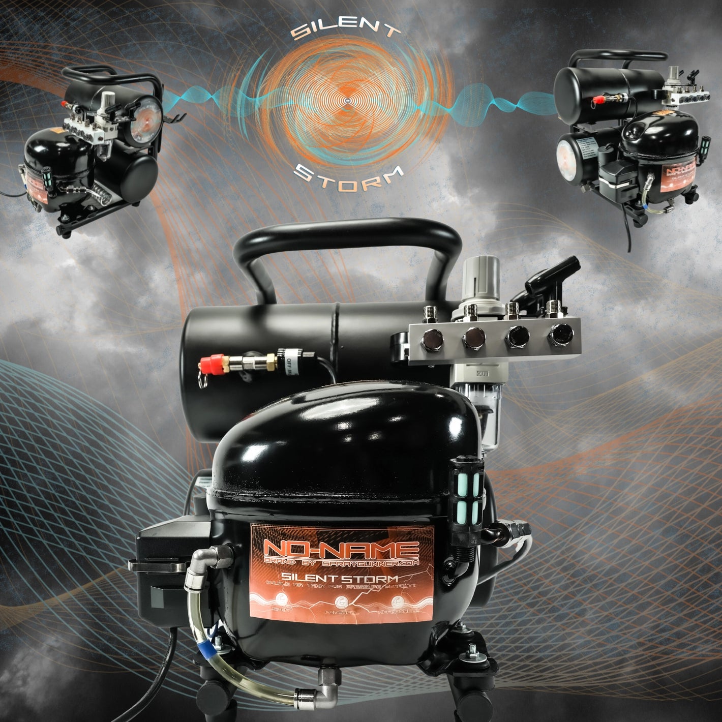 Silent Storm Air Compressor by NO-NAME, a compact and ultra-quiet compressor for airbrushing. Features a sleek black design with multiple air outlets.