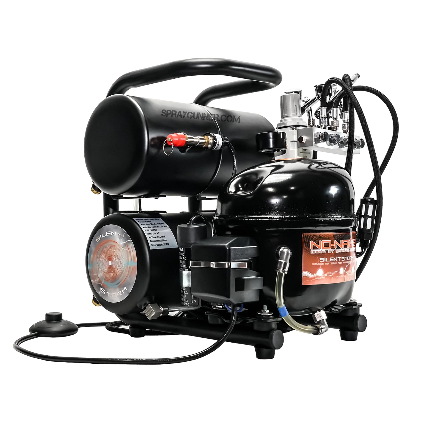 NO-NAME offers a small, incredibly silent compressor for airbrushing called the Silent Storm Air Compressor. Multiple air vents and a sleek black appearance are features.
