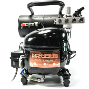 NO-NAME's Silent Storm Air Compressor is a small, incredibly quiet airbrush compressor. has several air vents and a sleek, black appearance.