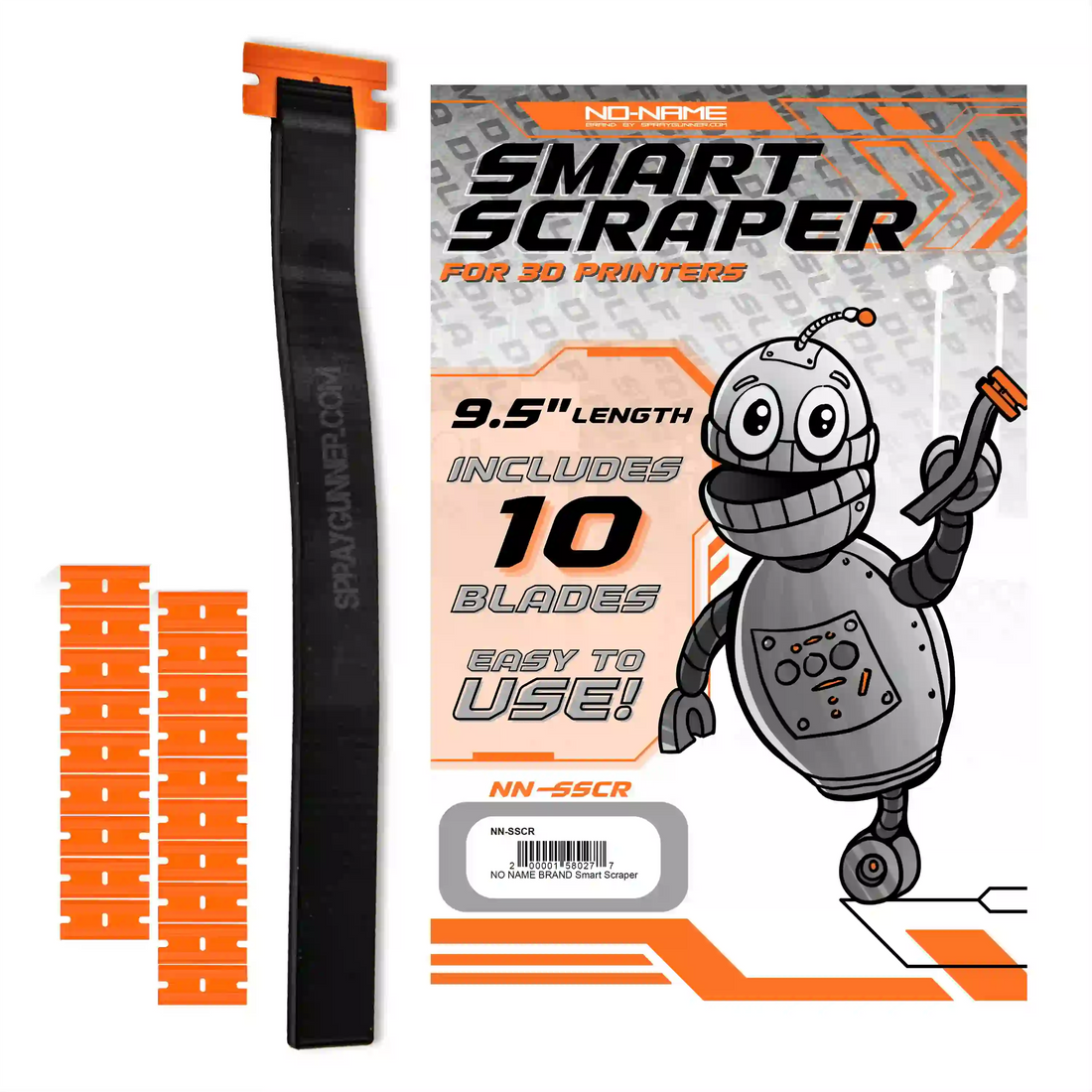 NO-NAME Brand Smart Scraper for 3D Printers with 9.5-inch handle and 10 plastic blades, ideal for removing gaming and hobby prints.