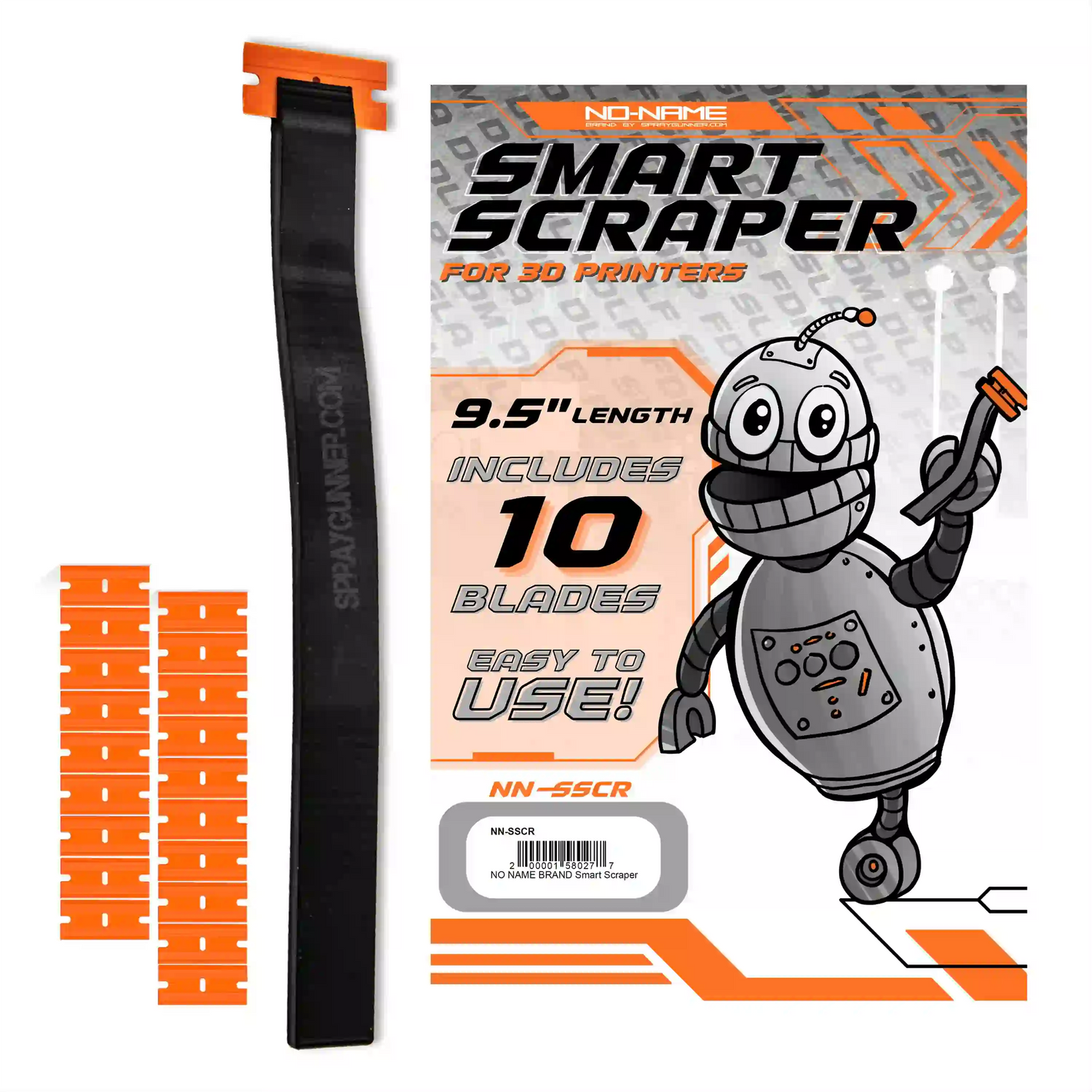 NO-NAME Brand Smart Scraper for 3D Printers with 9.5-inch handle and 10 plastic blades, ideal for removing gaming and hobby prints.