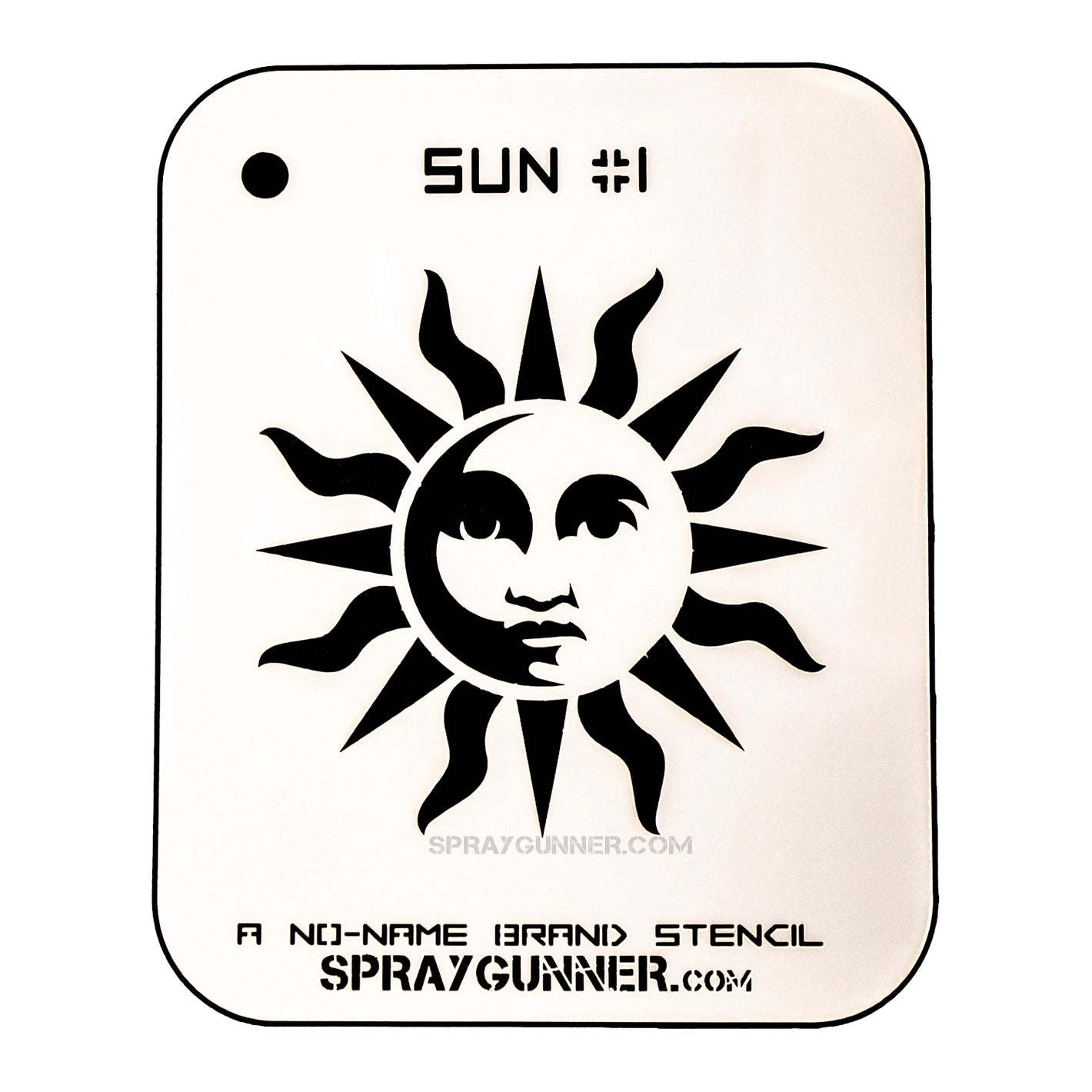 Sun Stencil NO-NAME features a bold sun face design on solvent-proof mylar, ideal for airbrushing, cosplay, and hobby stencil projects.