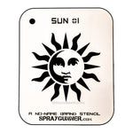 Sun Stencil NO-NAME features a bold sun face design on solvent-proof mylar, ideal for airbrushing, cosplay, and hobby stencil projects.