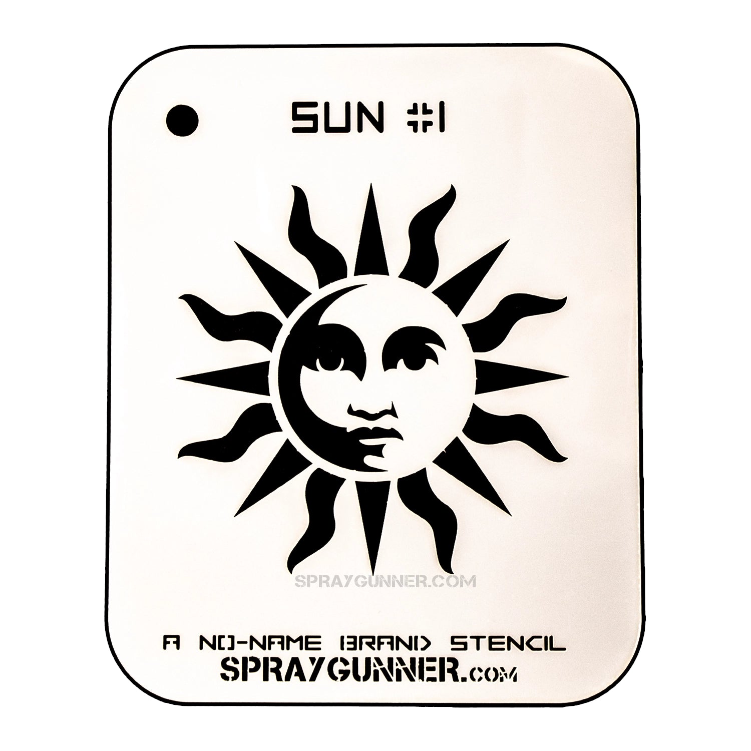 Sun Stencil NO-NAME features a bold sun face design on solvent-proof mylar, ideal for airbrushing, cosplay, and hobby stencil projects.