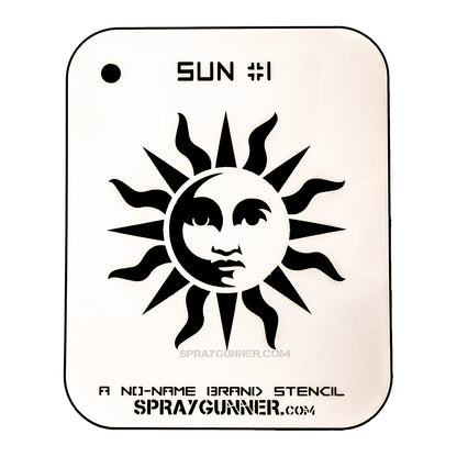 Sun Stencil NO-NAME features a bold sun face design on solvent-proof mylar, ideal for airbrushing, cosplay, and hobby stencil projects.