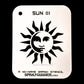 Sun Stencil NO-NAME features a bold sun face design on solvent-proof mylar, ideal for airbrushing, cosplay, and hobby stencil projects.