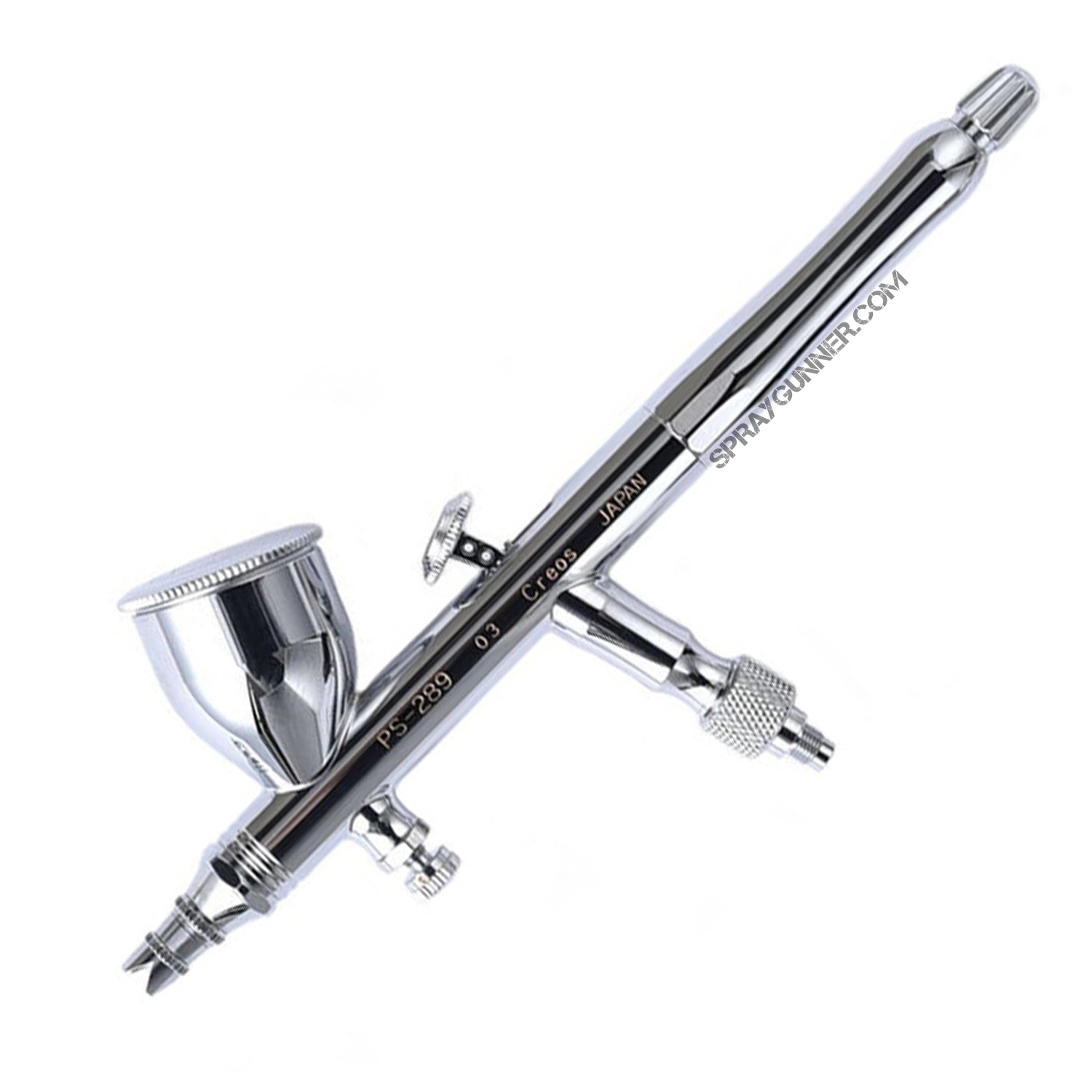 Open Box GSI Creos Mr. Airbrush Procon Boy PS-289 0.3mm Platinum airbrush with a sleek chrome finish. Ideal for precision painting and cosplay projects.