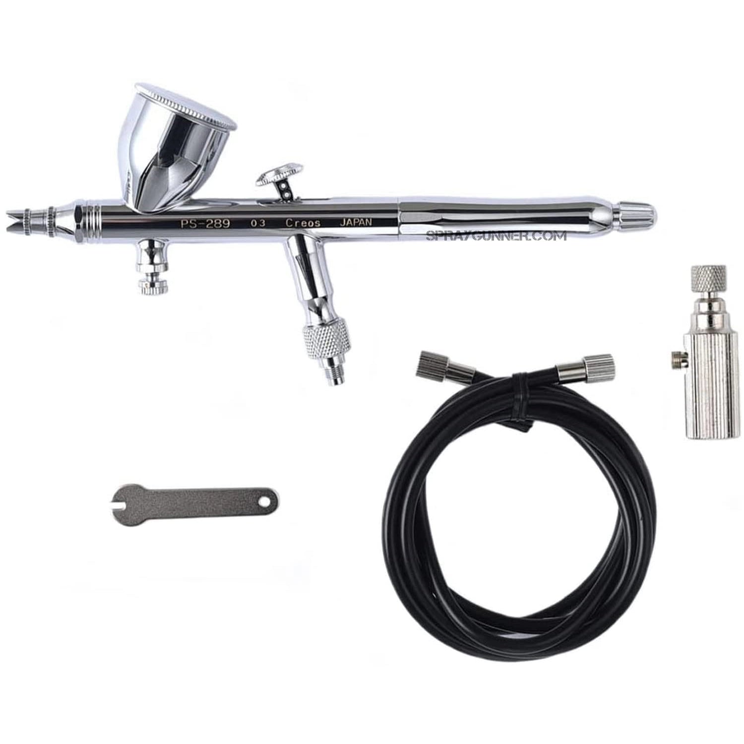 The sleek chrome-finished 0.3mm Platinum GSI Creos Mr. Airbrush Procon Boy PS-289 airbrush is in its original box. Perfect for projects involving cosplay and precision painting.