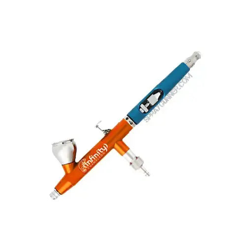 Open Box Harder & Steenbeck Chameleon Infinity 2023 2in1 Airbrush in Summer Edition with orange and sky blue design, no lid included.