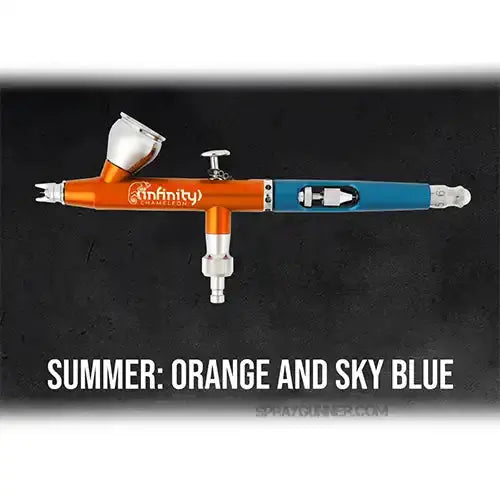 Harder & Steenbeck Chameleon Infinity 2023 2in1 Airbrush Summer Edition featuring vibrant orange and sky blue colors, perfect for precision painting.