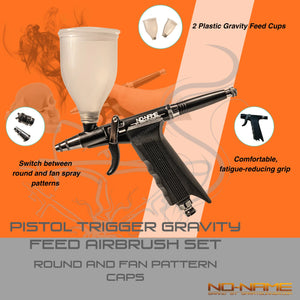Pistol Trigger Gravity Feed Airbrush Set with Round and Fan Pattern Caps by NO-NAME Brand