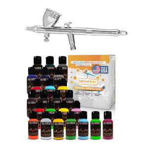 PS-270 Beginner Painting Bundle with GSI Creos airbrush and 24-color NO-NAME acrylic paint set, ideal for airbrush hobbyists and beginners.