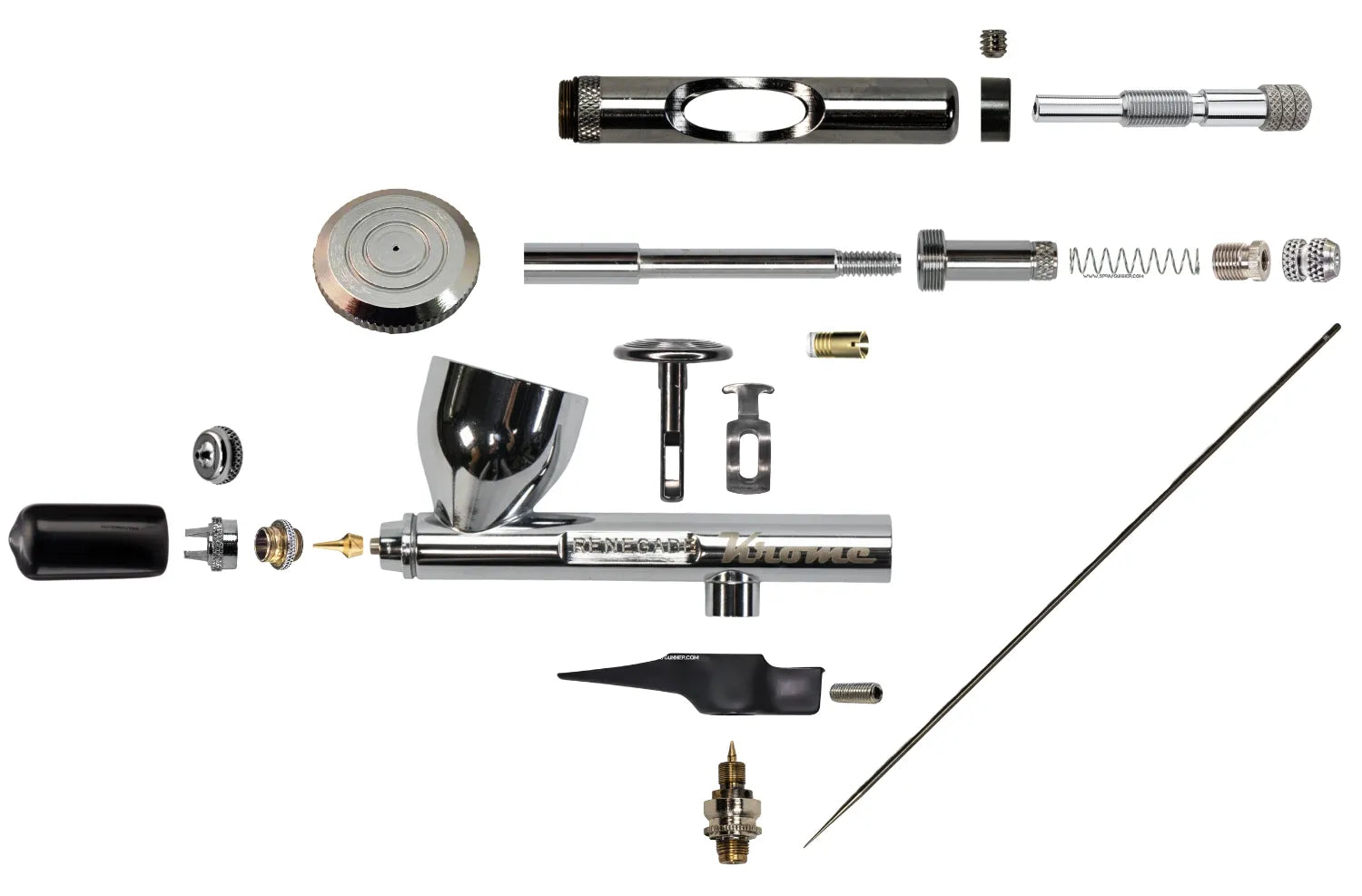 Disassembled Badger Renegade Krome airbrush parts kit for cleaning and maintenance, featuring the dual-action trigger, fine detail needle, and spray regulator.