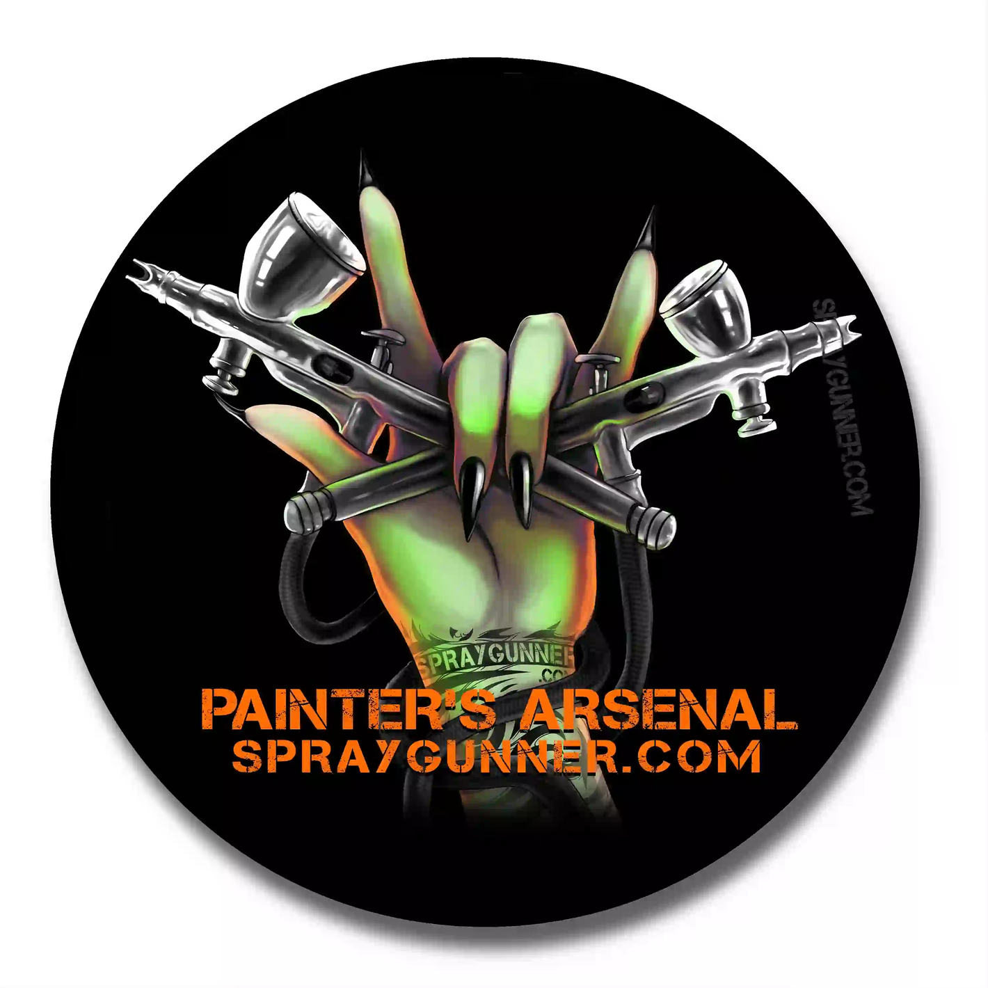 Exclusive Monster Airbrush Sticker by SprayGunner featuring a green clawed hand gripping dual airbrushes. Durable and perfect for customizing gear.