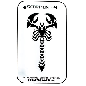 NO-NAME Brand Scorpion Stencil #4 features a bold, symmetrical scorpion design ideal for airbrushing and body art projects. Durable and reusable for hobby use.
