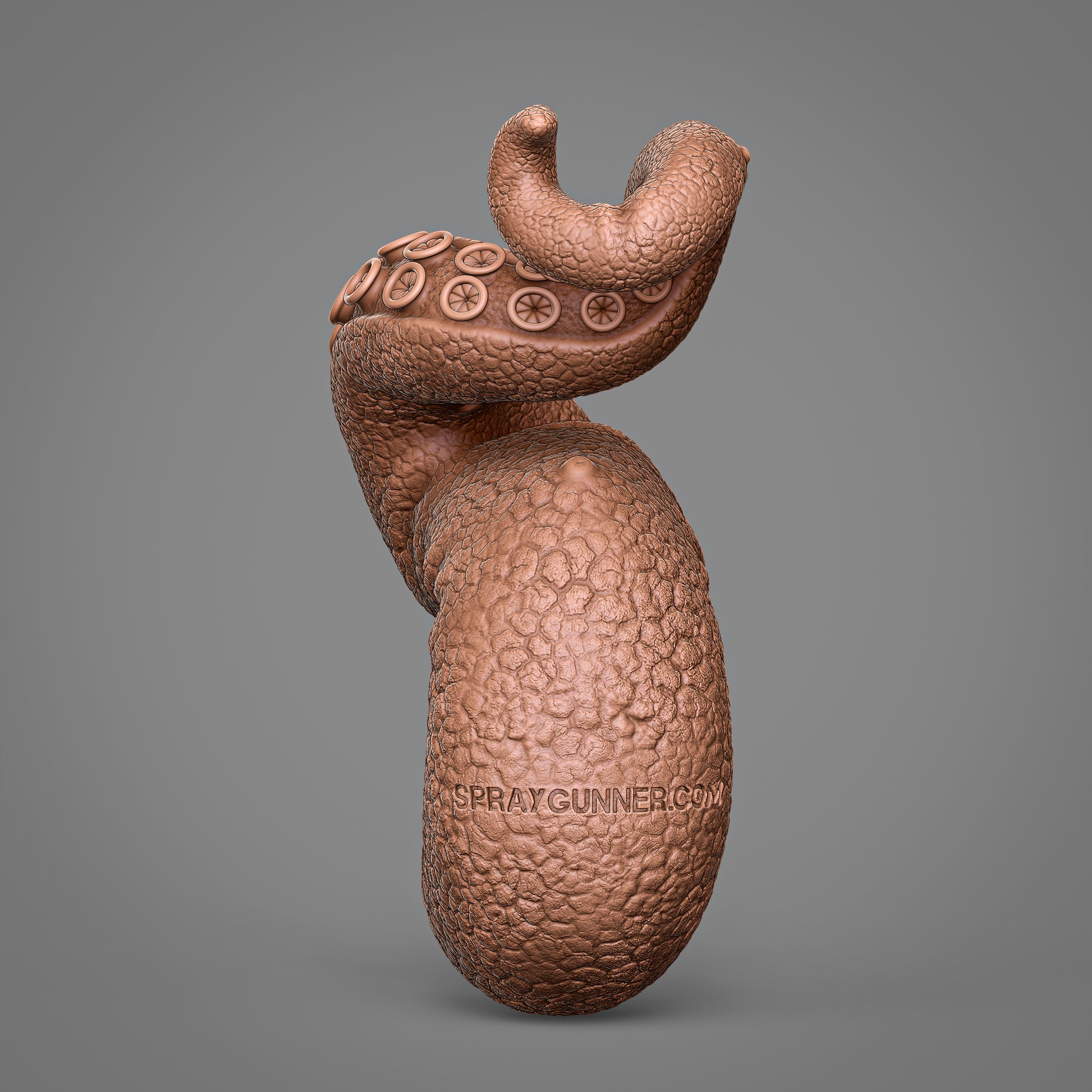 Right-handed tentacle STL 3D model render featuring a thick base, organic leathery skin texture, and a dynamic curl to the right with detailed suction cups.