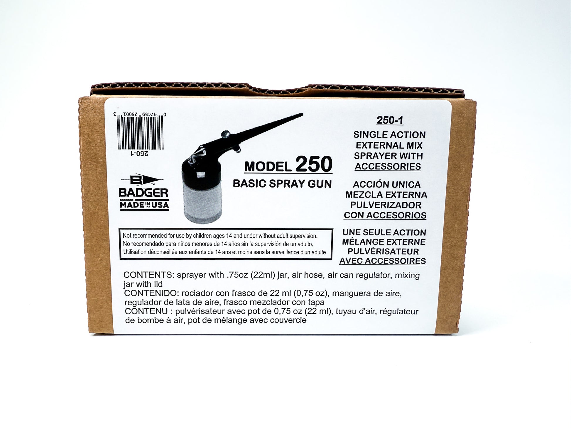 For general-purpose painting jobs, the Badger 250-1 Basic Single Action Airbrush kit comes with a glass jar, hose, lid, and an external mix spray gun.