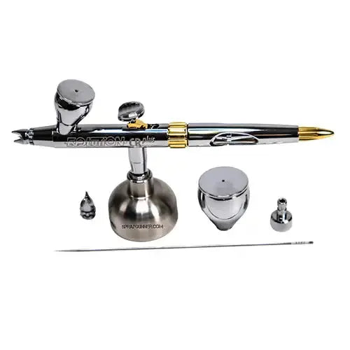 Harder & Steenbeck CRPlus 2in1 airbrush with accessories, including extra nozzles, needle, and paint cups, ideal for detailed airbrushing work.