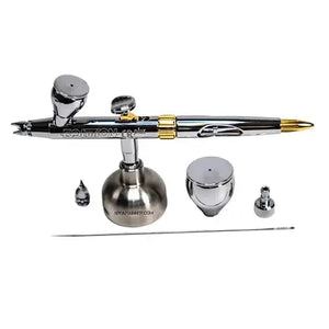 Harder & Steenbeck CRPlus 2in1 airbrush with accessories, including extra nozzles, needle, and paint cups, ideal for detailed airbrushing work.