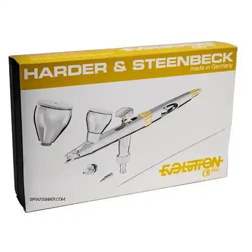 Harder & Steenbeck CRPlus 2in1 airbrush packaging, featuring a sleek design and product image, emphasizing its German engineering and quality.