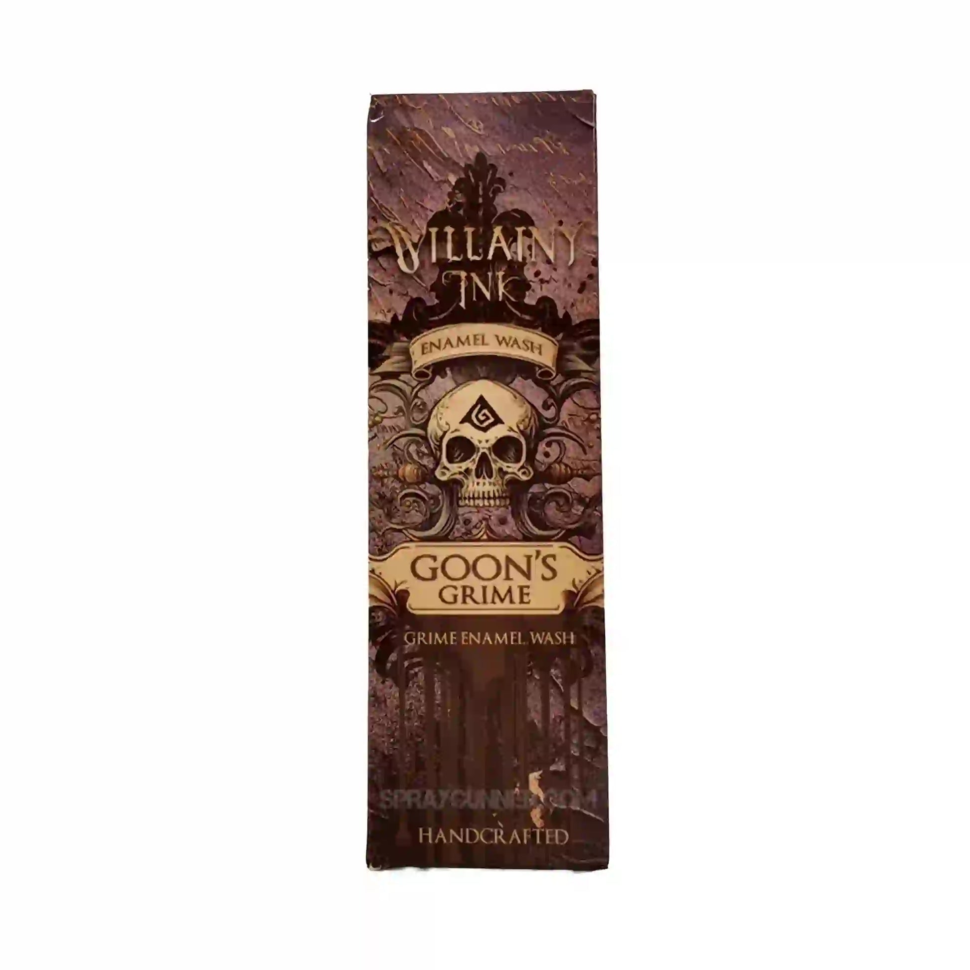 Villainy Ink Enamel Wash Goon's Grime packaging front with gothic skull design, ideal for grimdark miniature painting and hobby detailing.