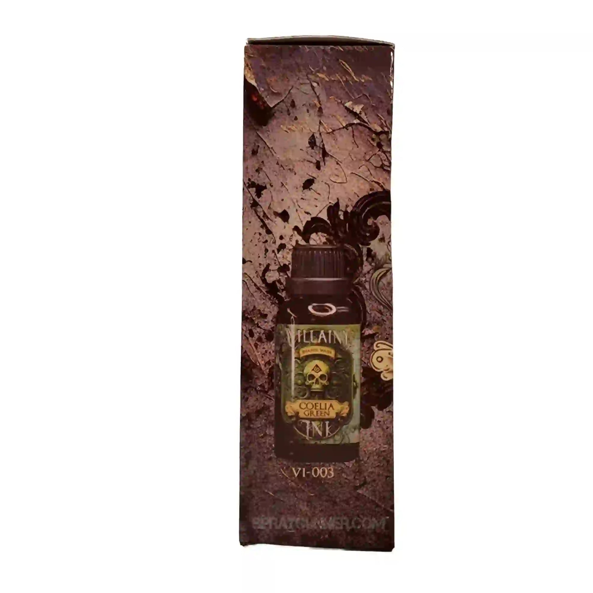 Side view of Villainy Ink Enamel Wash Coelia Green 30mL box showing product bottle image and branding for model and figure painting.