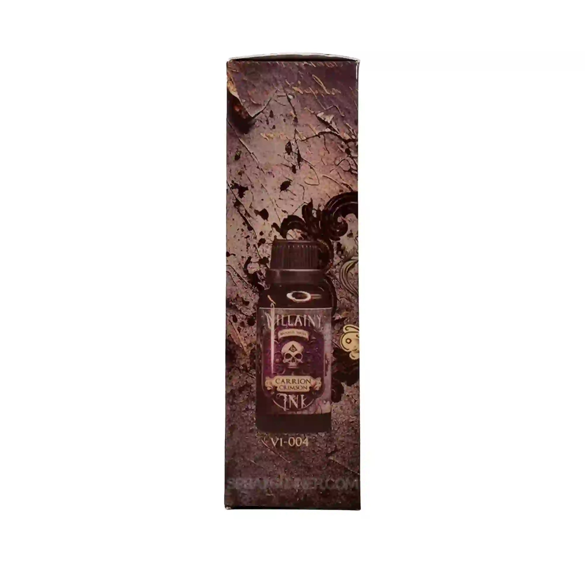 Side view of Villainy Ink Carrion Crimson enamel wash box showing 30mL bottle image, perfect for model paint and hobby detailing.
