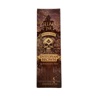 Villainy Ink Enamel Brown box front with gothic skull design and Dystopian Brown label, ideal for grimdark miniature painting effects.