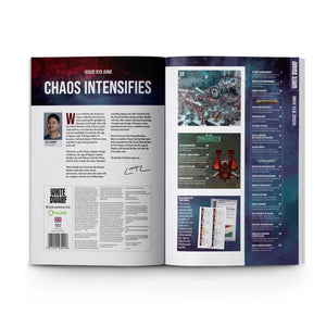 Inside pages of Warhammer White Dwarf Issue 513 showing Chaos Intensifies article and table of contents for Warhammer fans.