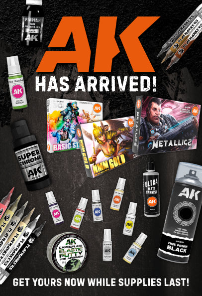 AK Interactive hobby paints and scale modeling supplies including NMM Gold, Metallic paint sets, and Playmarkers for miniature painting.