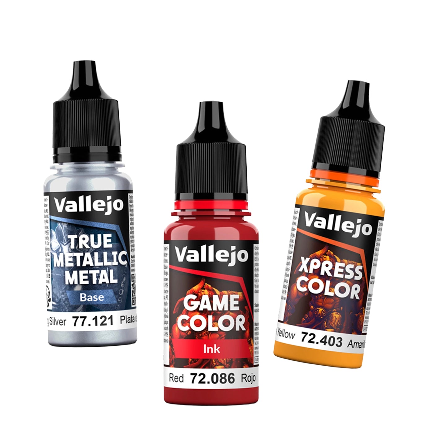 Vallejo brush paint bottles including Game Color, Xpress Color, inks, and specialty acrylic paints for hand painting miniatures