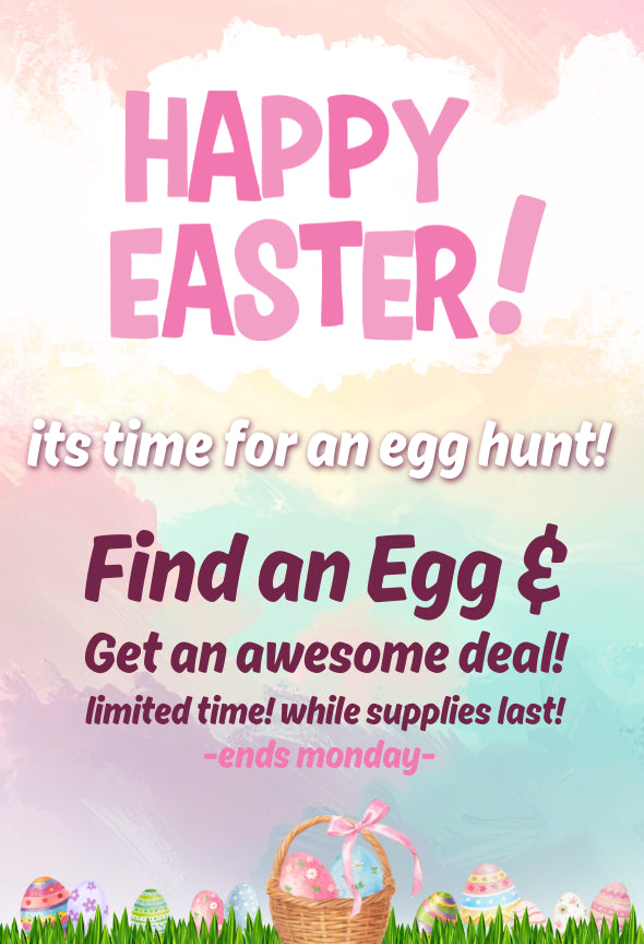 Easter 2026 promotional sale banner. Text: Happy Easter egg hunt, find an egg for a special deal. Ends Monday. Watercolor background with Easter basket and decorated eggs.