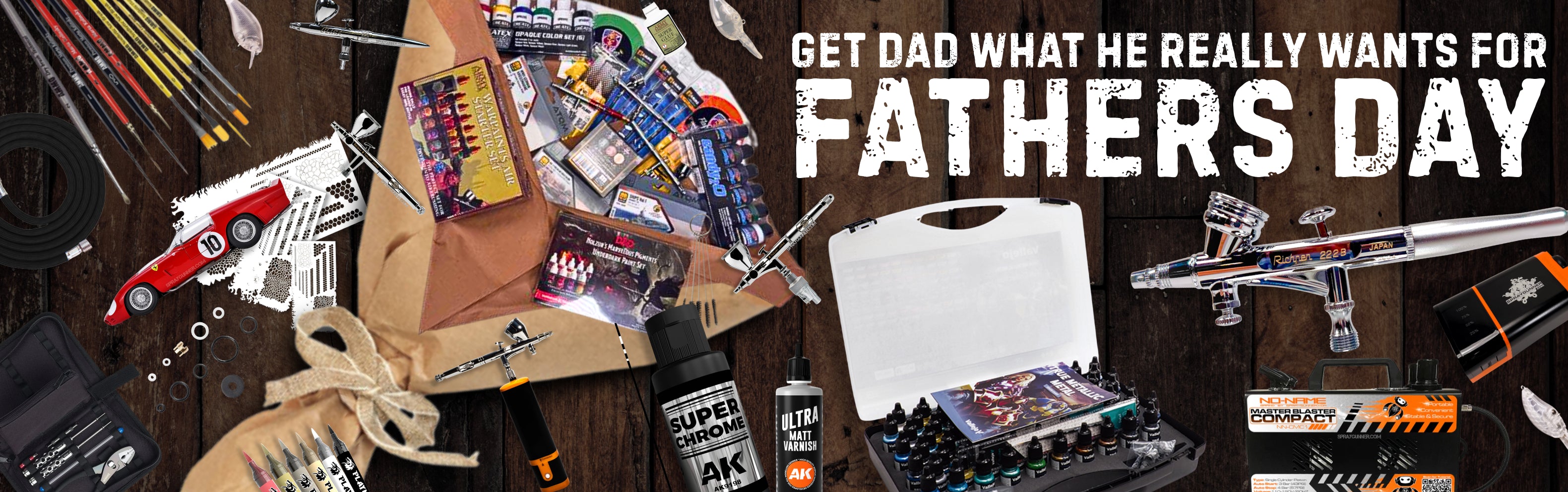 Father’s Day airbrush gift banner with hobby paints, tools, compressor, and model painting supplies