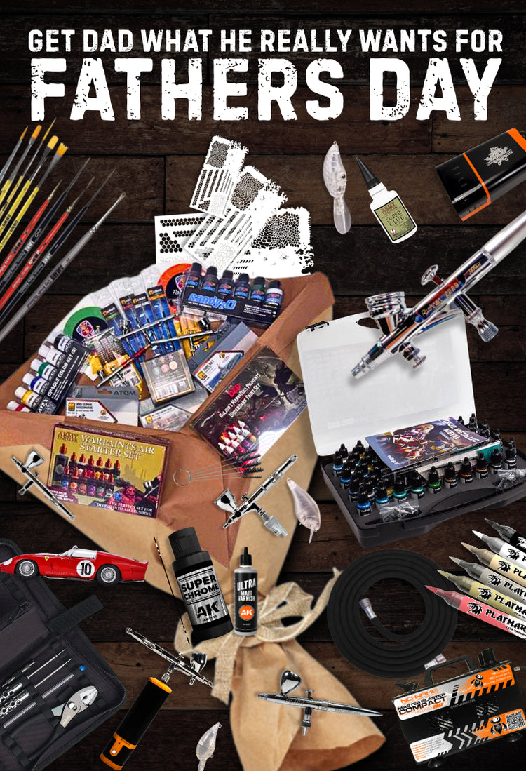 Father’s Day gift banner featuring airbrushes, hobby paints, tools, and model painting supplies