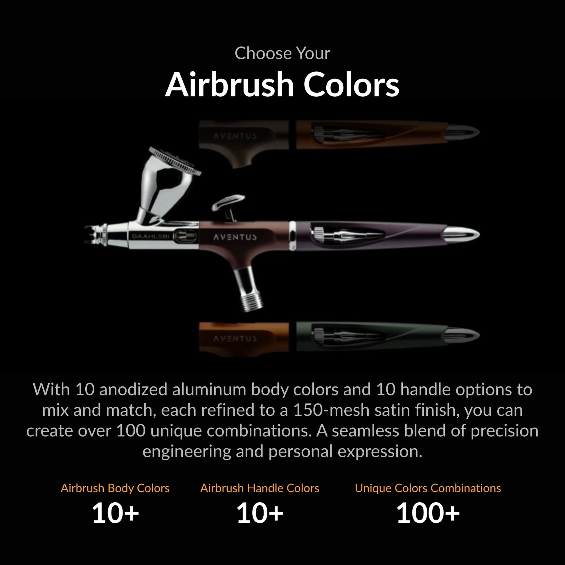 Gaahleri Aventus Tailor Made Edition airbrush color customization options showing multiple body and handle combinations with over 100 possible configurations.