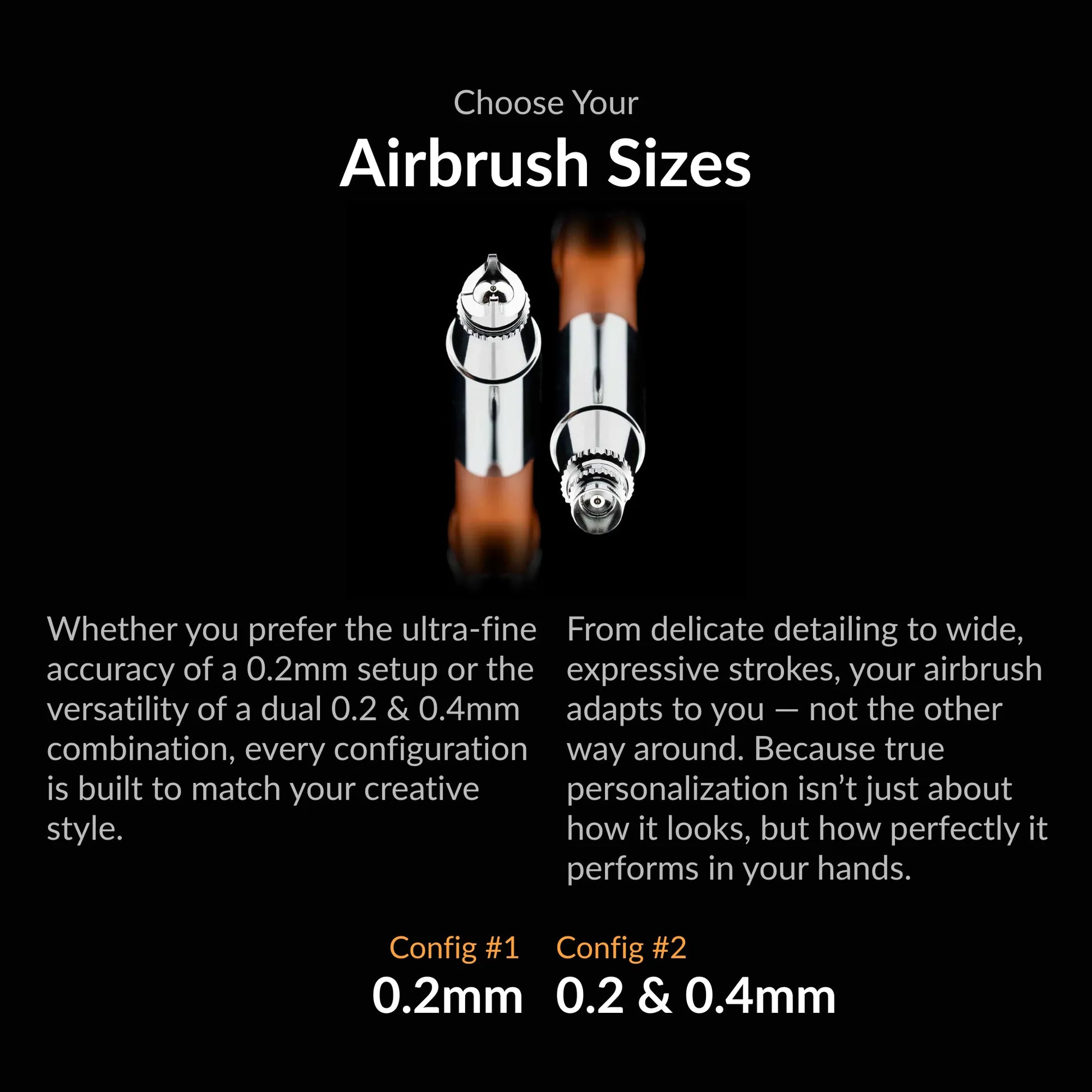 Gaahleri Aventus Tailor Made Edition airbrush nozzle size options showing 0.2mm and dual 0.2mm & 0.4mm configurations for customizable performance.