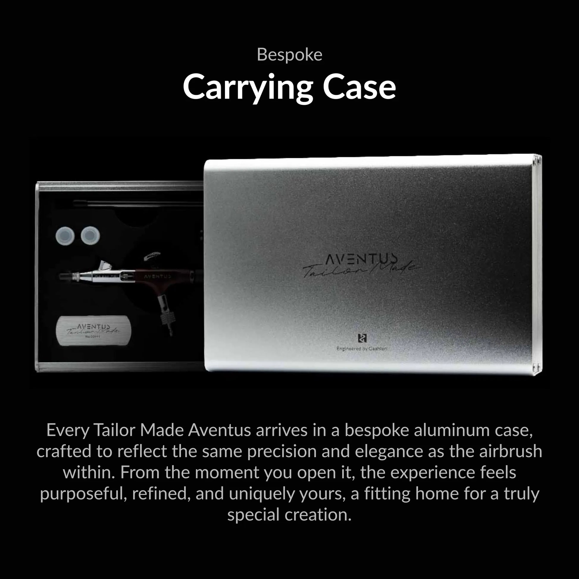 Gaahleri Aventus Tailor Made Edition bespoke aluminum carrying case with custom-fit interior for airbrush storage and protection.