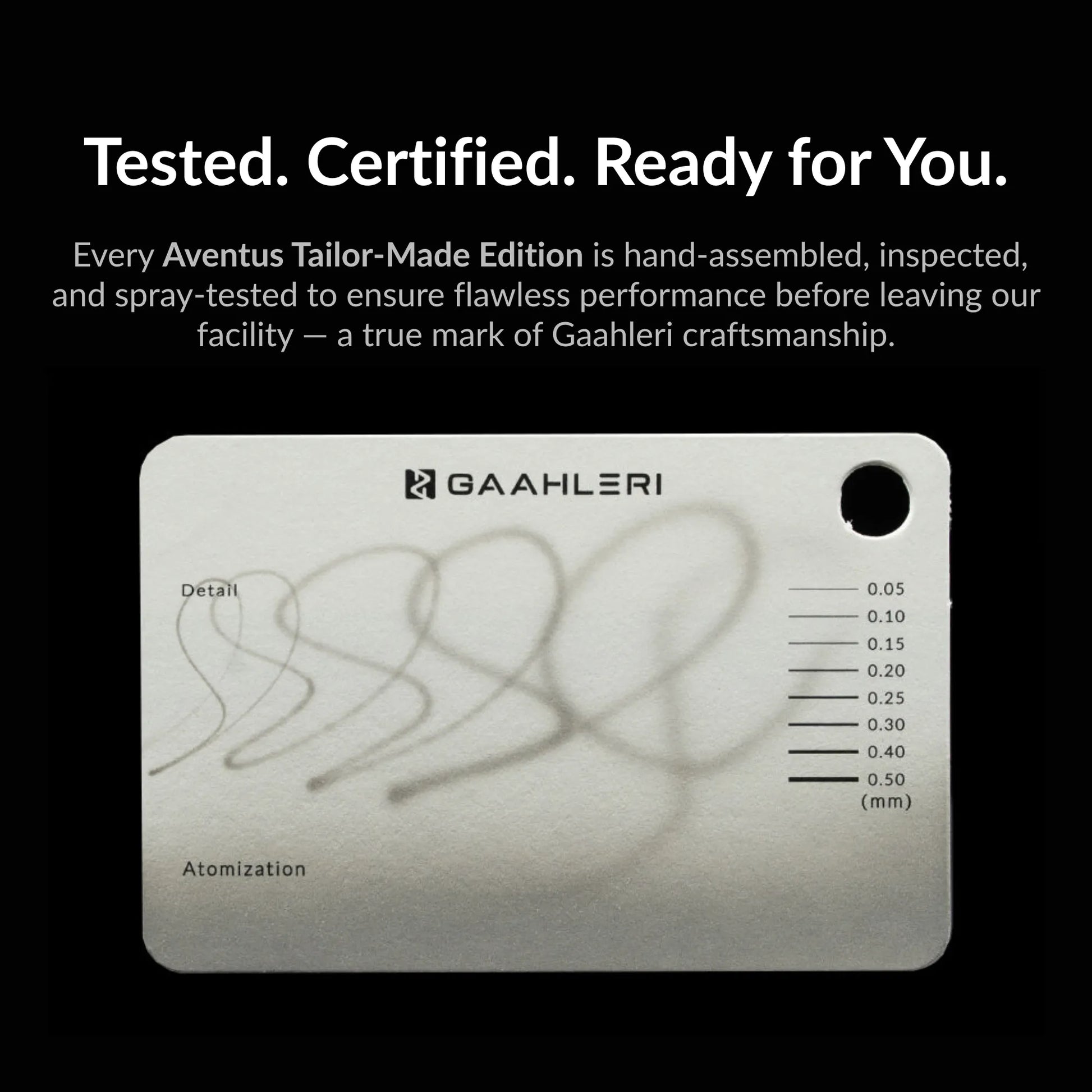 Gaahleri Aventus Tailor Made Edition spray-test card demonstrating detail control and atomization quality used for performance certification.