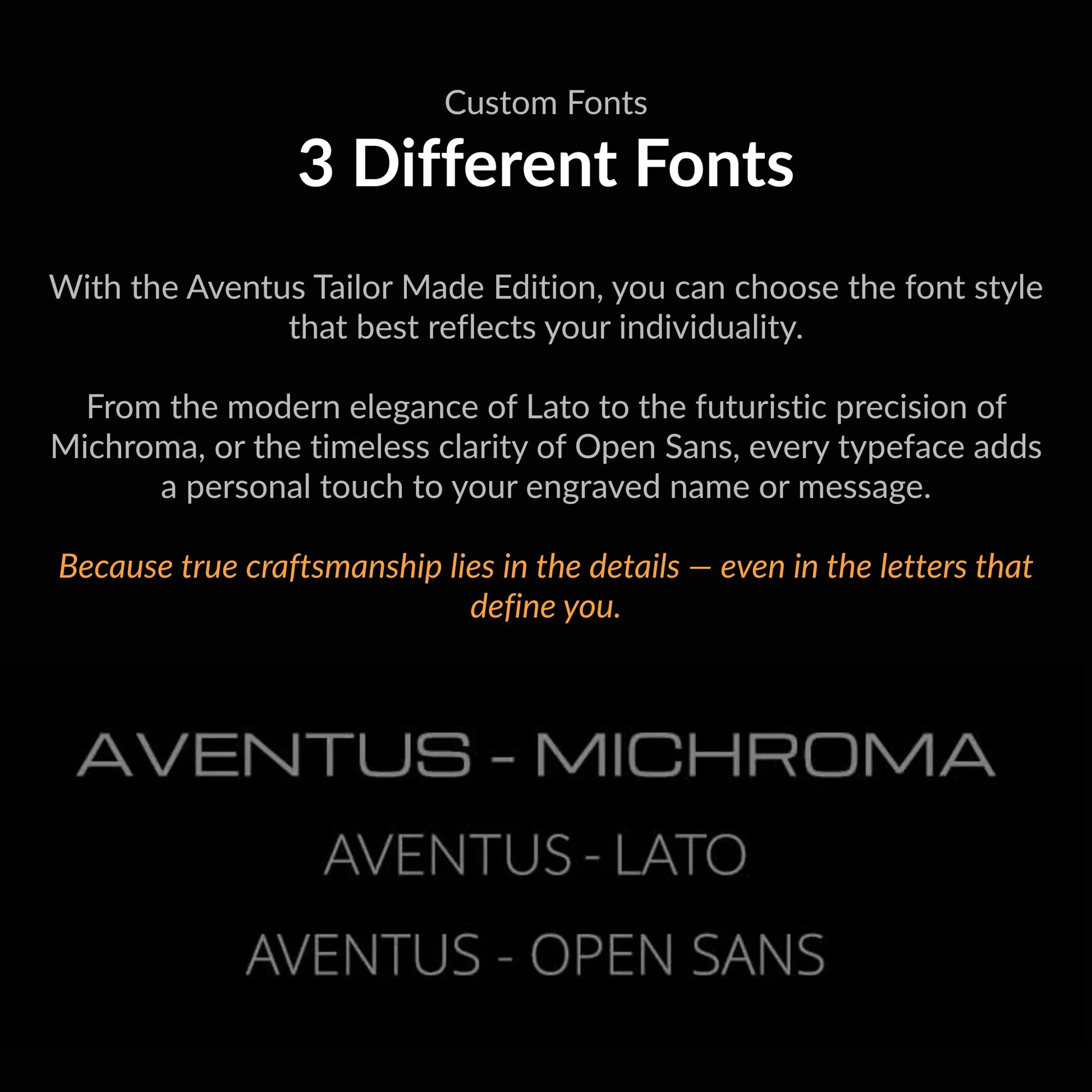 Gaahleri Aventus Tailor Made Edition engraving font options showing Michroma, Lato, and Open Sans styles for custom personalization.