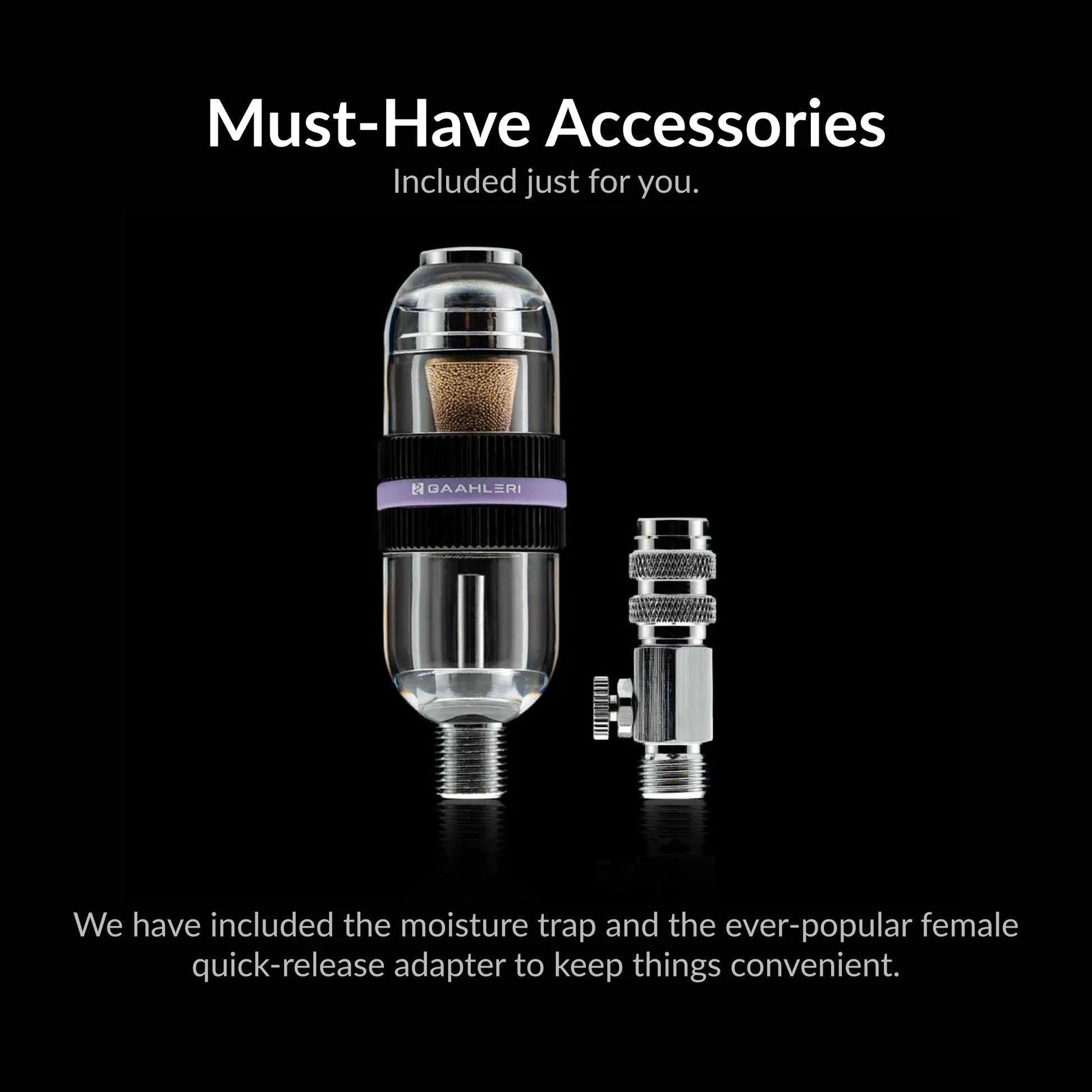 Gaahleri Aventus Tailor Made Edition accessories including the moisture trap and female quick-release adapter included with the airbrush.