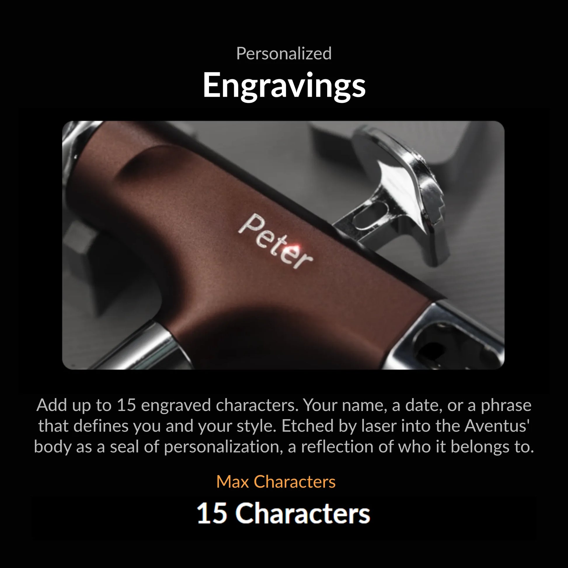 Gaahleri Aventus Tailor Made Edition airbrush featuring personalized laser engraving option with up to 15 customizable characters.